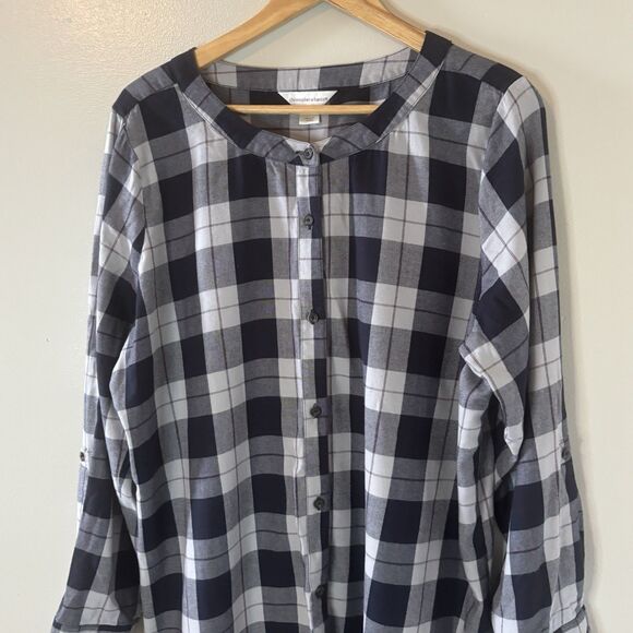 Christopher & Banks Plaid Tunic Top Gray Roll Tab Sleeves Button Sz XL - Picture 2 of 8